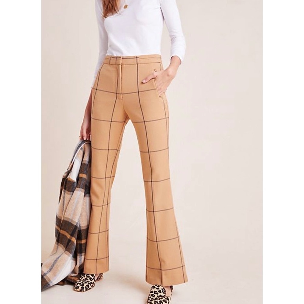 Anthropologie Windowpane Boot Cut Plaid Trousers Tan Office Academic Pants US 12